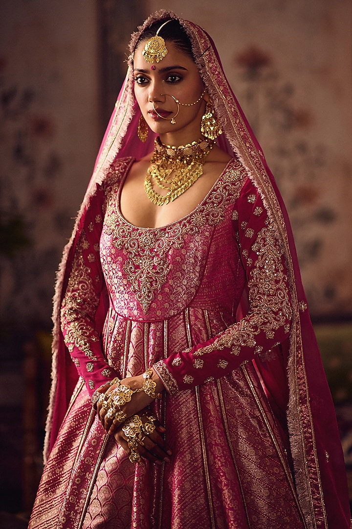 Rani Pink Silk Banarasi Hand Embroidered Bridal Anarkali With Dupatta by Reeti Arneja at Pernia's Pop Up Shop