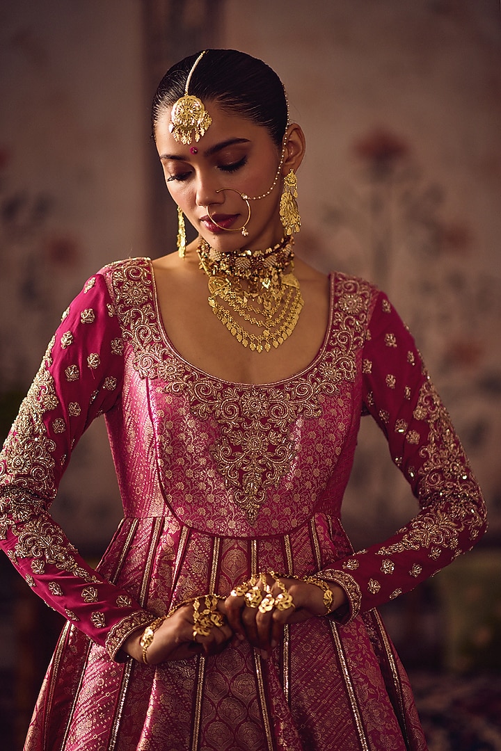 Rani Pink Silk Banarasi Hand Embroidered Bridal Anarkali With Dupatta by Reeti Arneja at Pernia's Pop Up Shop