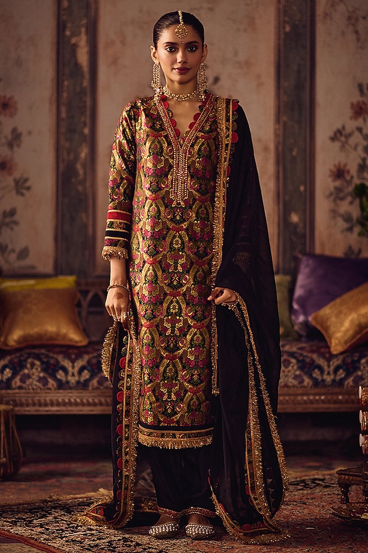 Multi-Colored Kimkhab Salli Embroidered Long Kurta Set by Reeti Arneja at Pernia's Pop Up Shop