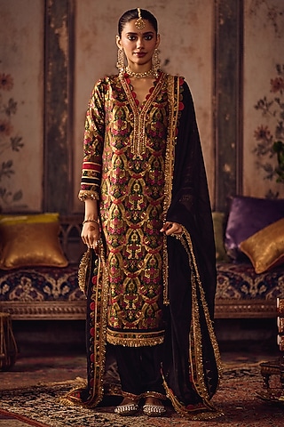 Multi-Colored Kimkhab Salli Embroidered Long Kurta Set by Reeti Arneja