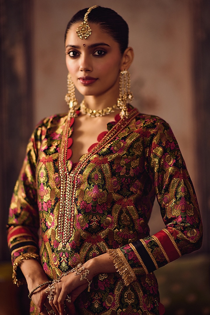 Multi-Colored Kimkhab Salli Embroidered Long Kurta Set by Reeti Arneja at Pernia's Pop Up Shop
