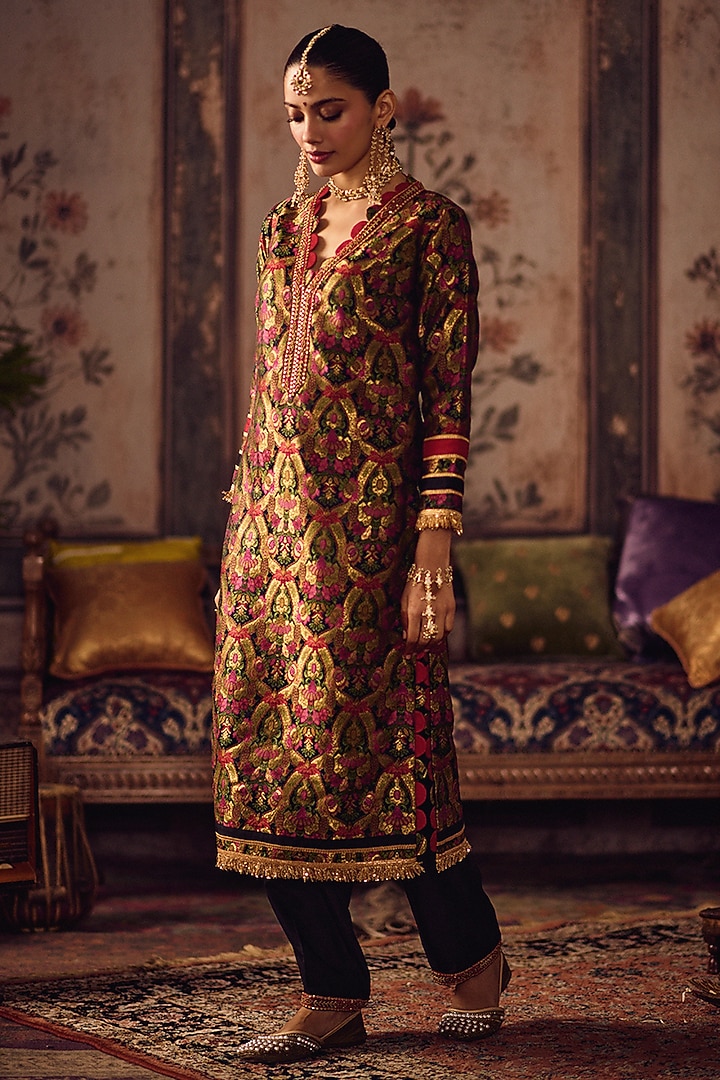 Multi-Colored Kimkhab Salli Embroidered Long Kurta Set by Reeti Arneja at Pernia's Pop Up Shop