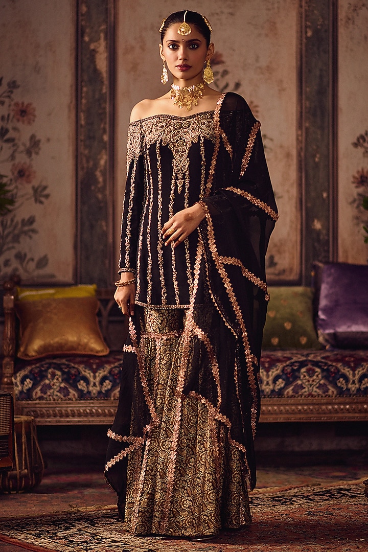 Black Banarasi Gold Embroidered Wedding Sharara Set by Reeti Arneja at Pernia's Pop Up Shop