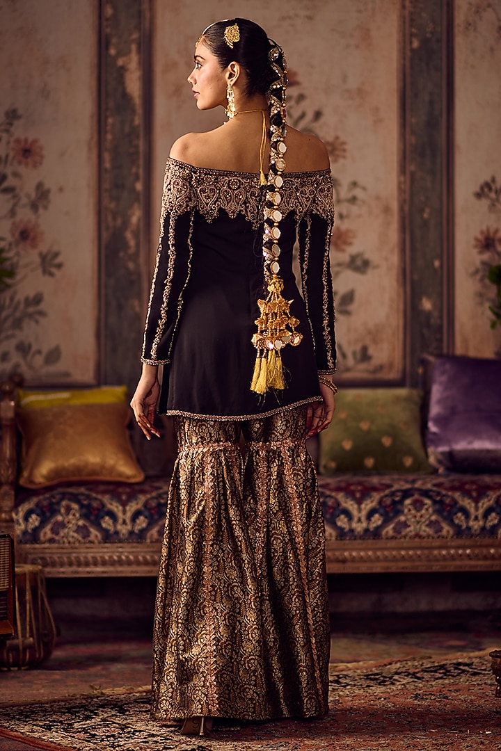 Black Banarasi Gold Embroidered Wedding Sharara Set by Reeti Arneja at Pernia's Pop Up Shop