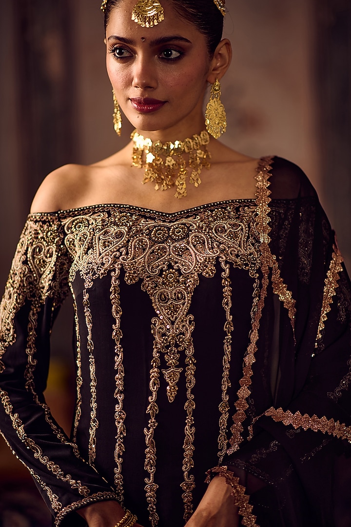 Black Banarasi Gold Embroidered Wedding Sharara Set by Reeti Arneja at Pernia's Pop Up Shop