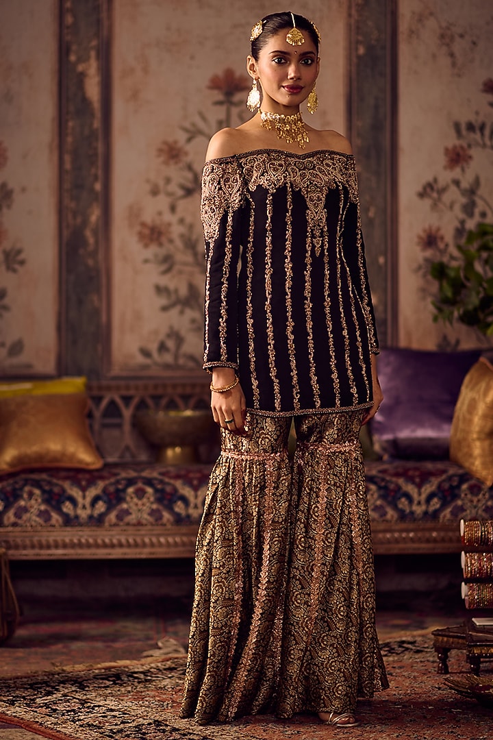 Black Banarasi Gold Embroidered Wedding Sharara Set by Reeti Arneja at Pernia's Pop Up Shop