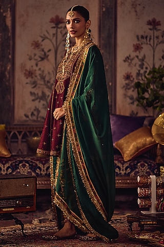 Maroon Raw Silk Hand Embroidered Kurta Set by Reeti Arneja