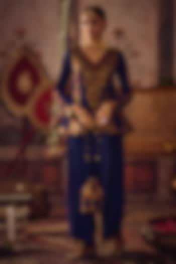 Royal Blue Raw Silk & Kimkhab Hand Embroidered Peplum Kurta Set by Reeti Arneja at Pernia's Pop Up Shop