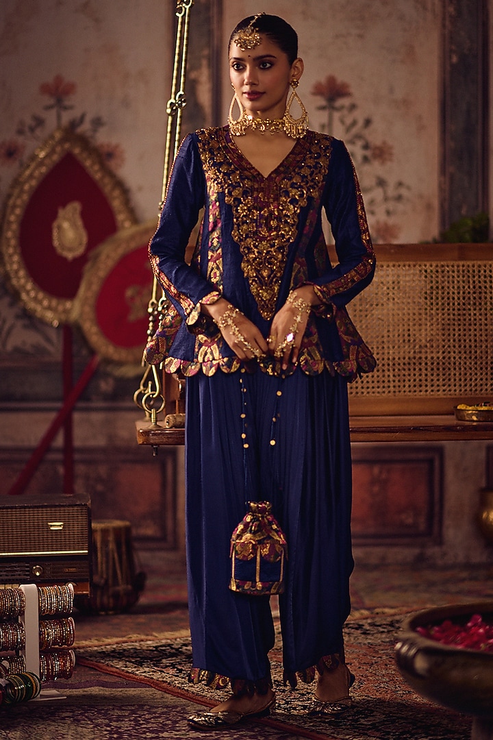 Royal Blue Raw Silk & Kimkhab Hand Embroidered Peplum Kurta Set by Reeti Arneja at Pernia's Pop Up Shop