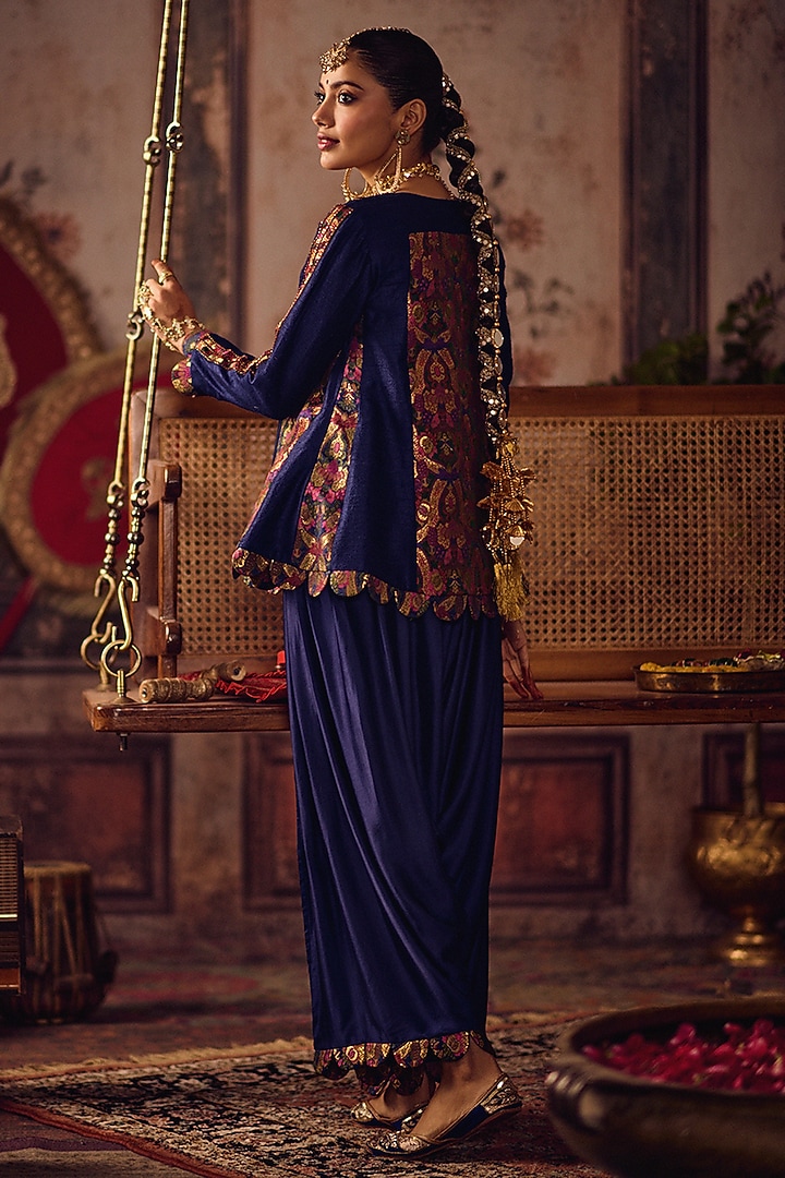 Royal Blue Raw Silk & Kimkhab Hand Embroidered Peplum Kurta Set by Reeti Arneja at Pernia's Pop Up Shop