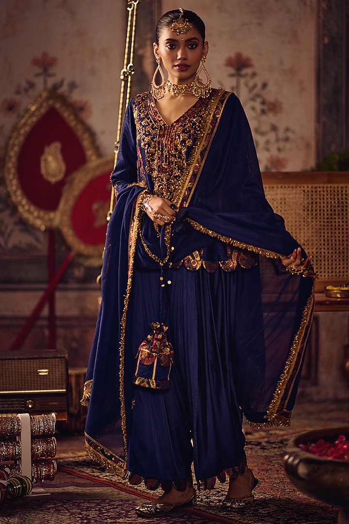 Royal Blue Raw Silk & Kimkhab Hand Embroidered Peplum Kurta Set by Reeti Arneja at Pernia's Pop Up Shop