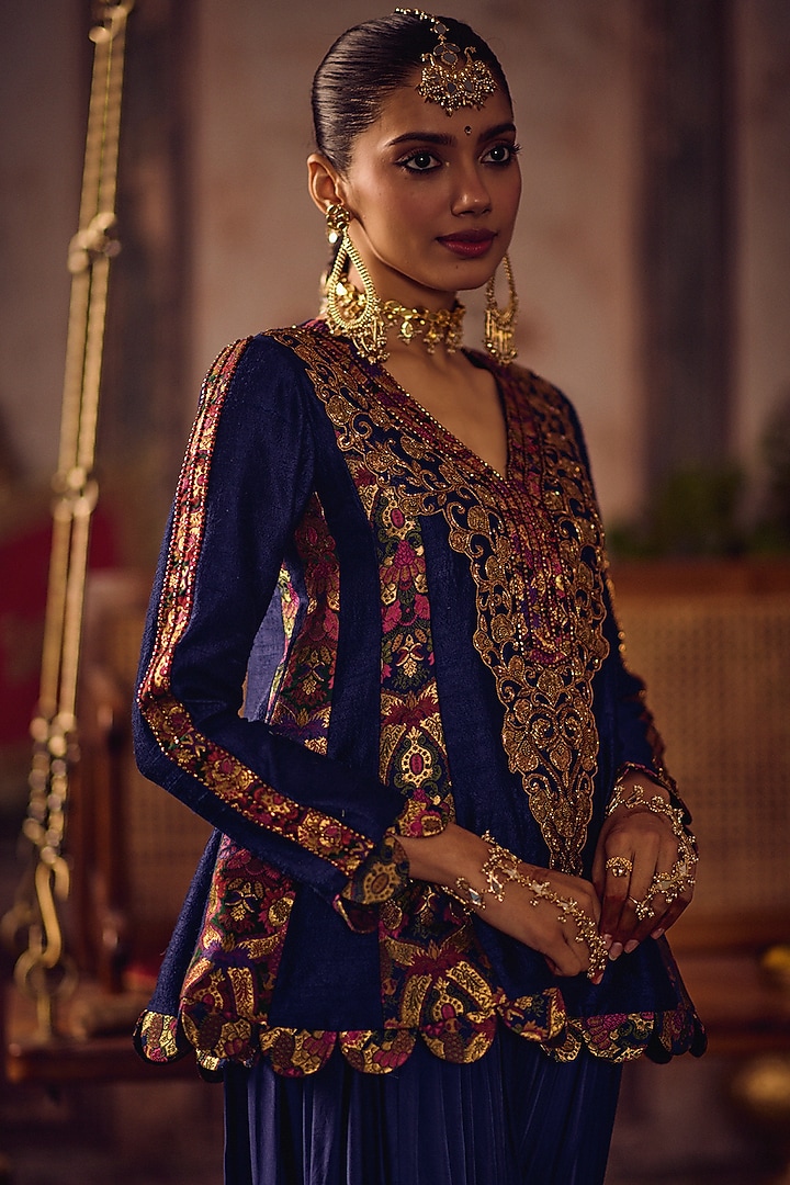 Royal Blue Raw Silk & Kimkhab Hand Embroidered Peplum Kurta Set by Reeti Arneja at Pernia's Pop Up Shop