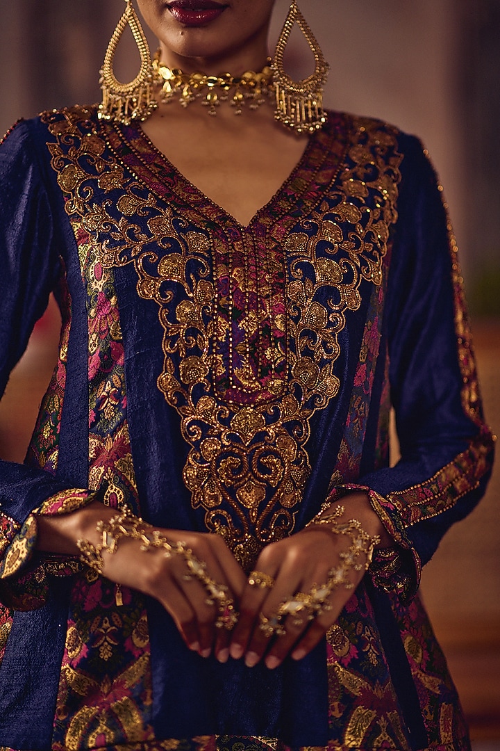 Royal Blue Raw Silk & Kimkhab Hand Embroidered Peplum Kurta Set by Reeti Arneja at Pernia's Pop Up Shop