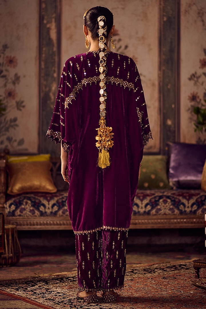 Plum Wine Velvet Hand Embroidered Kurta Set by Reeti Arneja at Pernia's Pop Up Shop