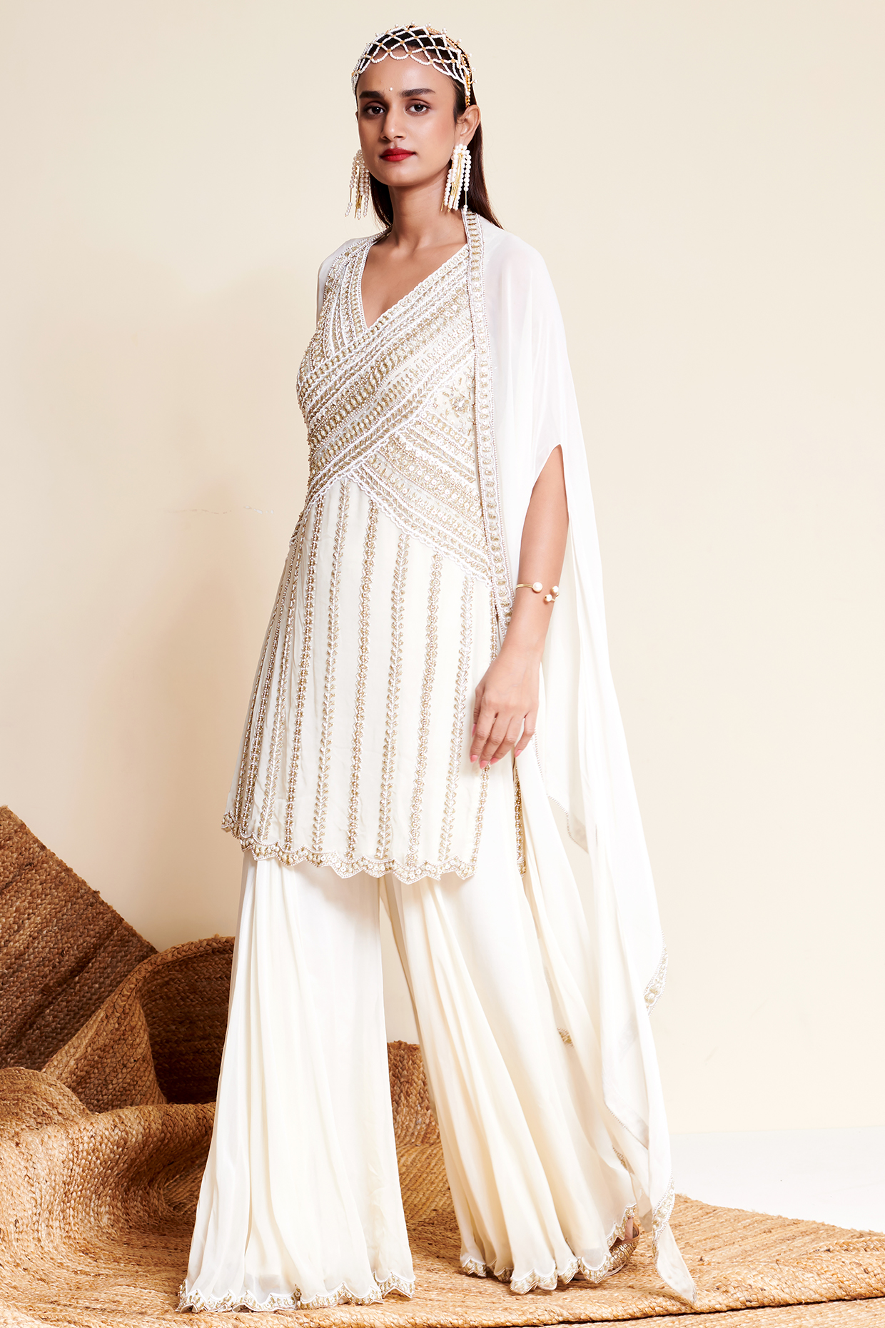 Ivory Georgette Sharara Set by Reeti Arneja