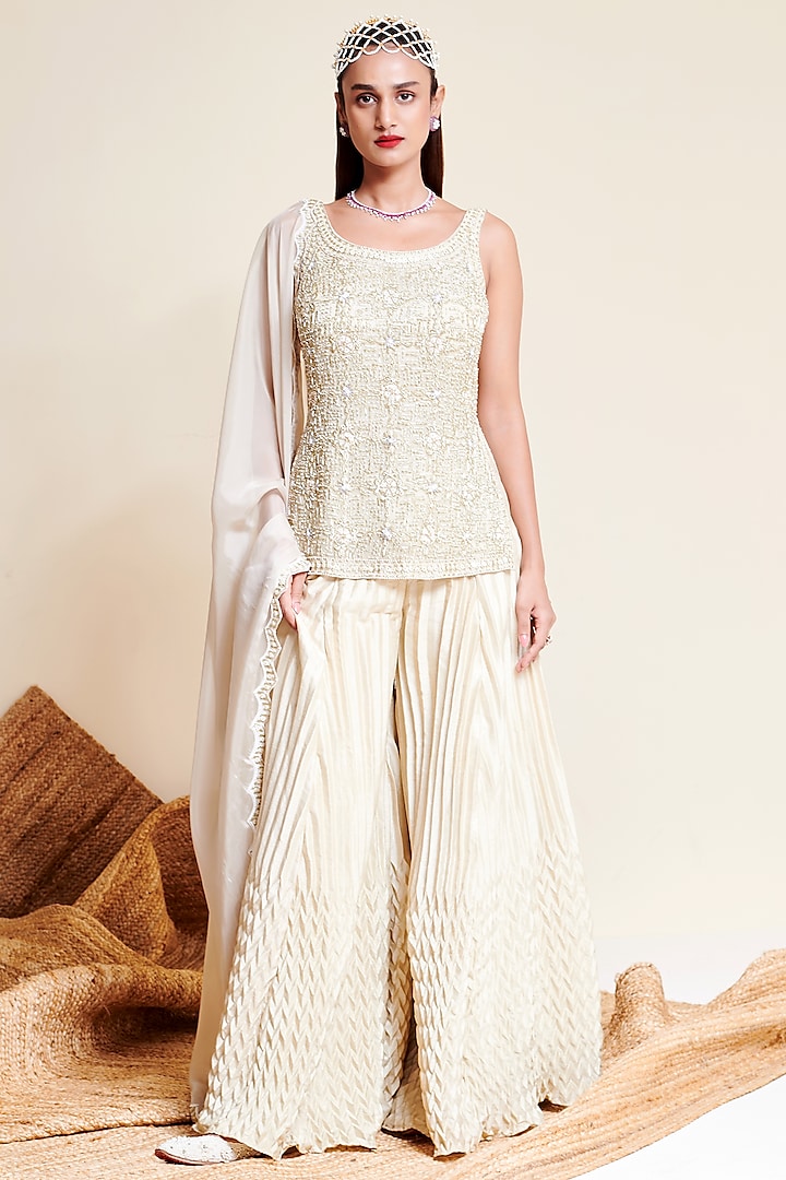 Ivory Taffeta Sharara Set by Reeti Arneja at Pernia's Pop Up Shop