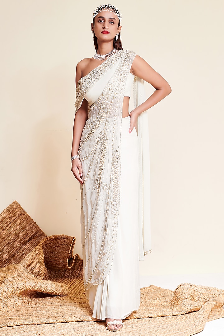 Ivory Georgette Embellished Pre-Stitched Saree by Reeti Arneja