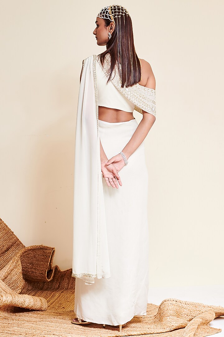 Ivory Georgette Embellished Pre-Stitched Wedding Saree by Reeti Arneja at Pernia's Pop Up Shop