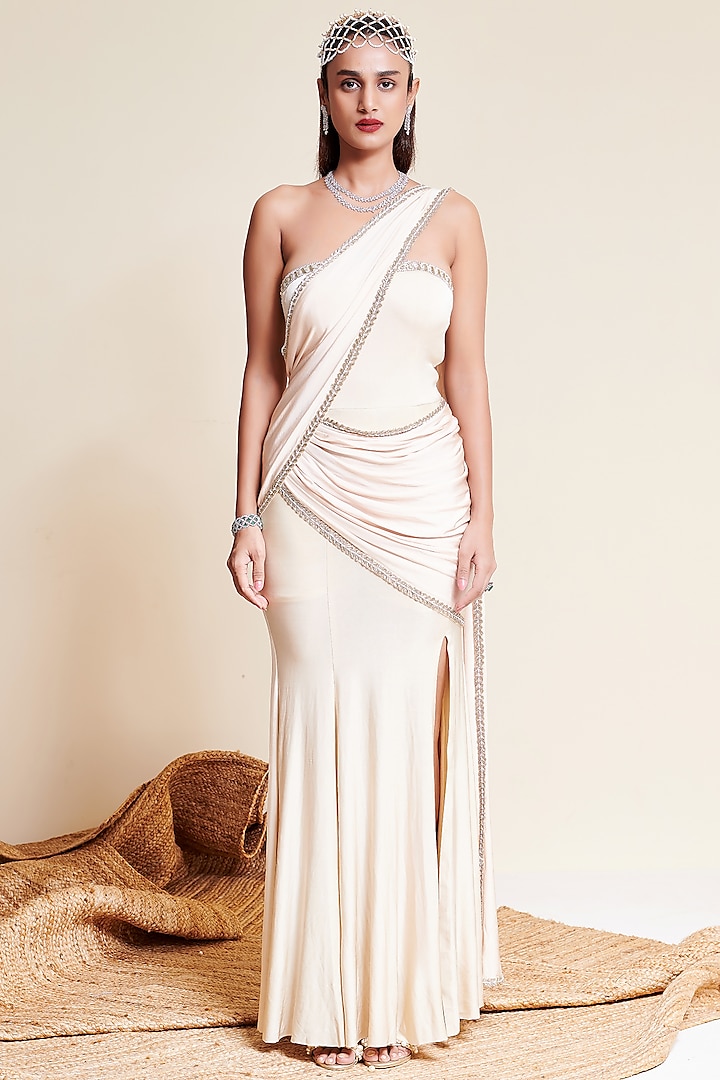 Ivory Rayon Embellished Draped Gown by Reeti Arneja at Pernia's Pop Up Shop