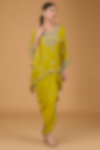 Lime Green Makhmali Satin Embroidered Dhoti Set by Reeti Arneja at Pernia's Pop Up Shop