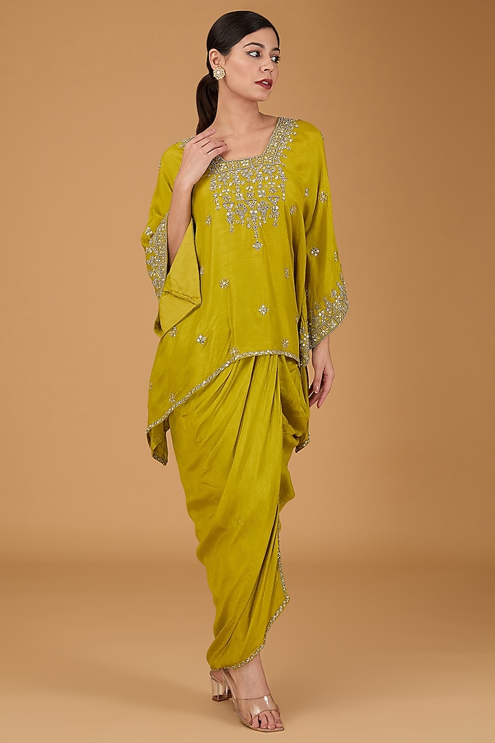 Lime Green Makhmali Satin Embroidered Dhoti Set by Reeti Arneja at Pernia's Pop Up Shop