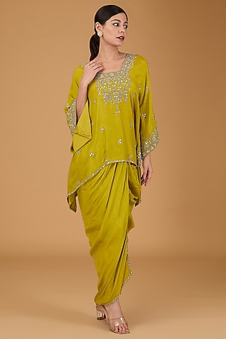 Lime Green Makhmali Satin Embroidered Dhoti Set by Reeti Arneja