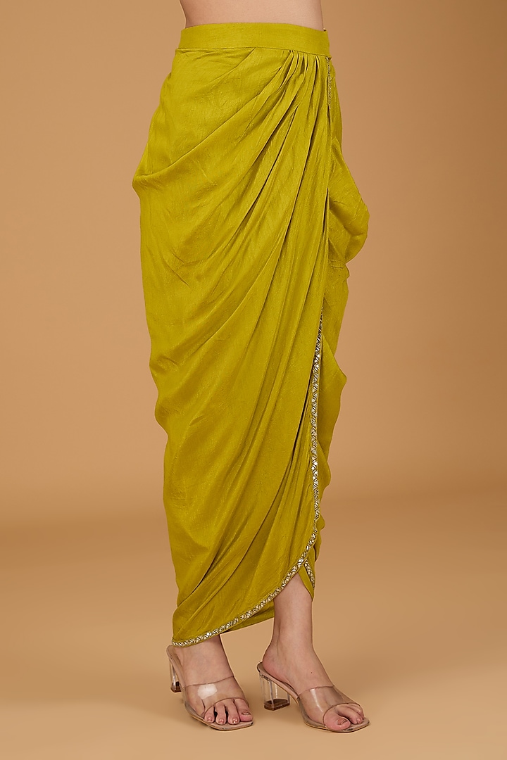 Lime Green Makhmali Satin Embroidered Dhoti Set by Reeti Arneja at Pernia's Pop Up Shop
