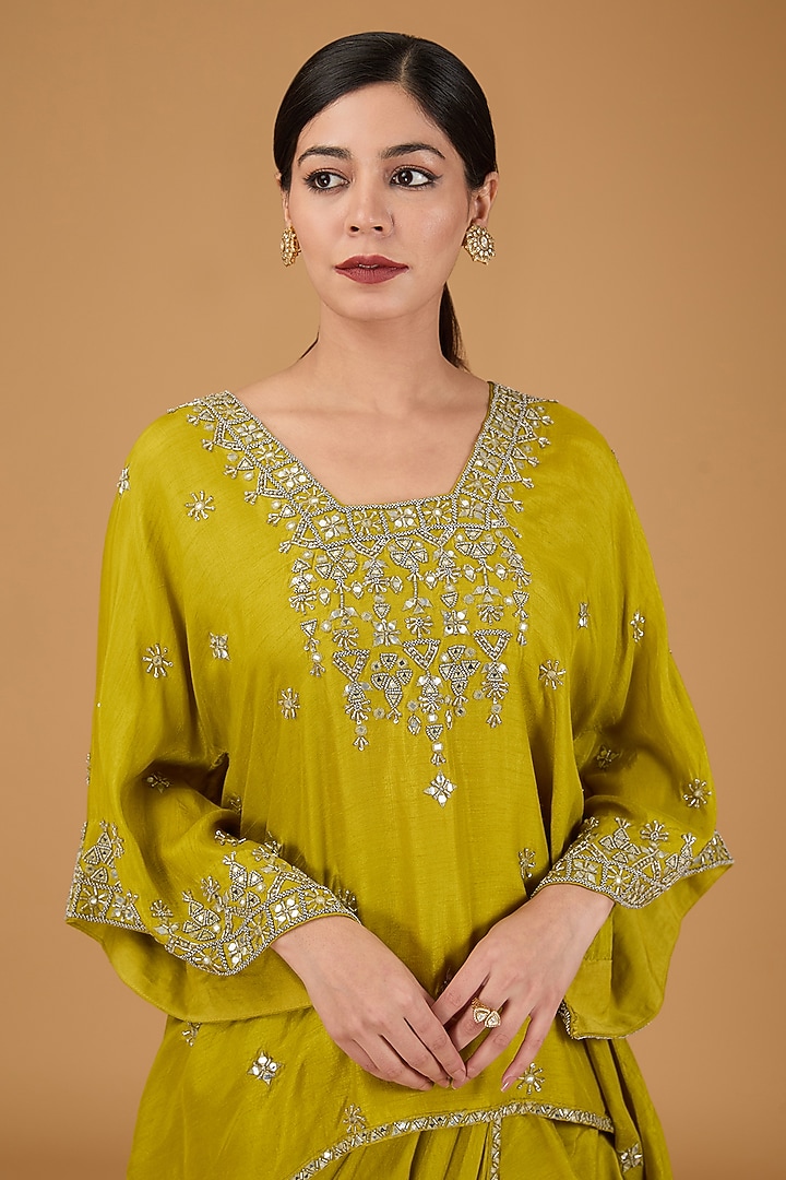 Lime Green Makhmali Satin Embroidered Dhoti Set by Reeti Arneja at Pernia's Pop Up Shop