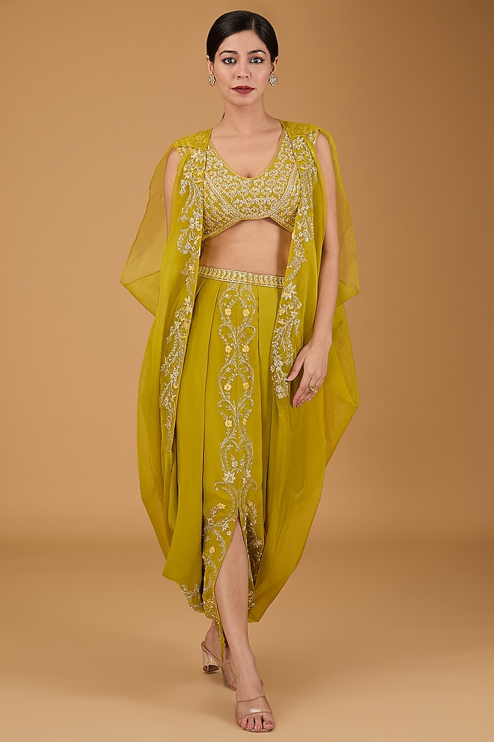 Lime Green Organza Hand Embroidered Cape Set by Reeti Arneja at Pernia's Pop Up Shop