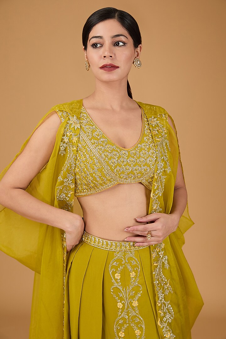 Lime Green Organza Hand Embroidered Cape Set by Reeti Arneja at Pernia's Pop Up Shop