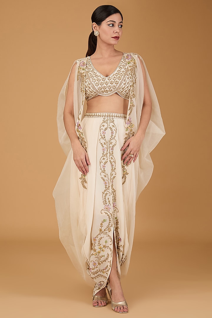 Ivory Organza Hand Embroidered Cape Set by Reeti Arneja at Pernia's Pop Up Shop