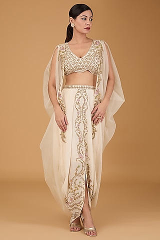 Ivory Organza Hand Embroidered Cape Set by Reeti Arneja