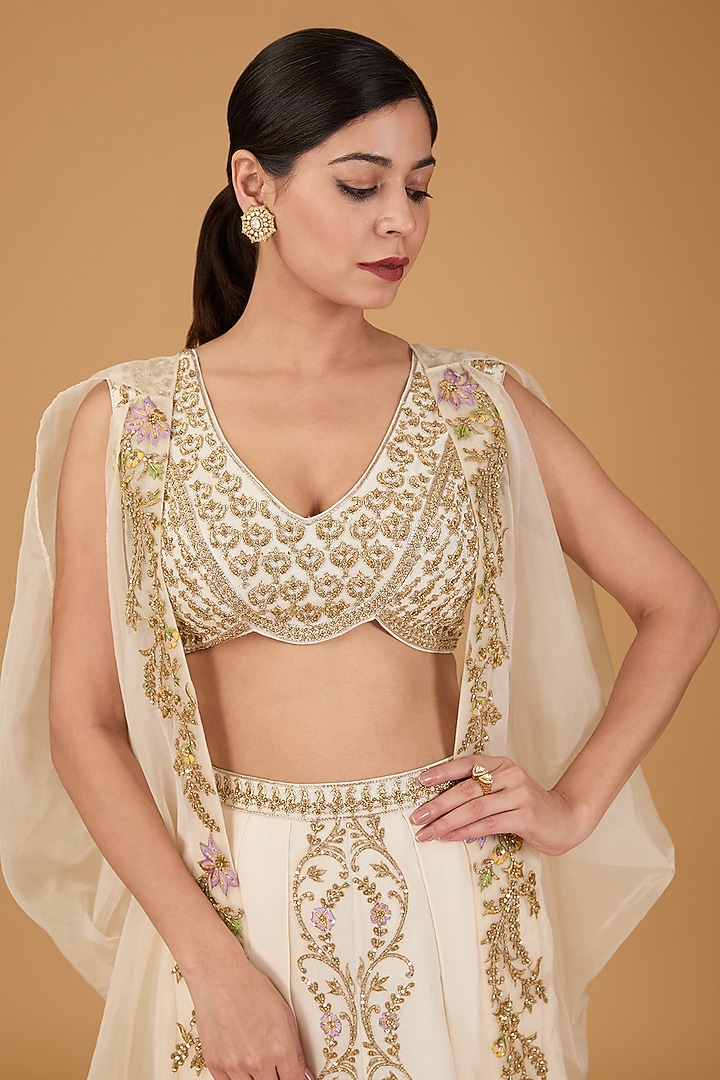 Ivory Organza Hand Embroidered Cape Set by Reeti Arneja at Pernia's Pop Up Shop