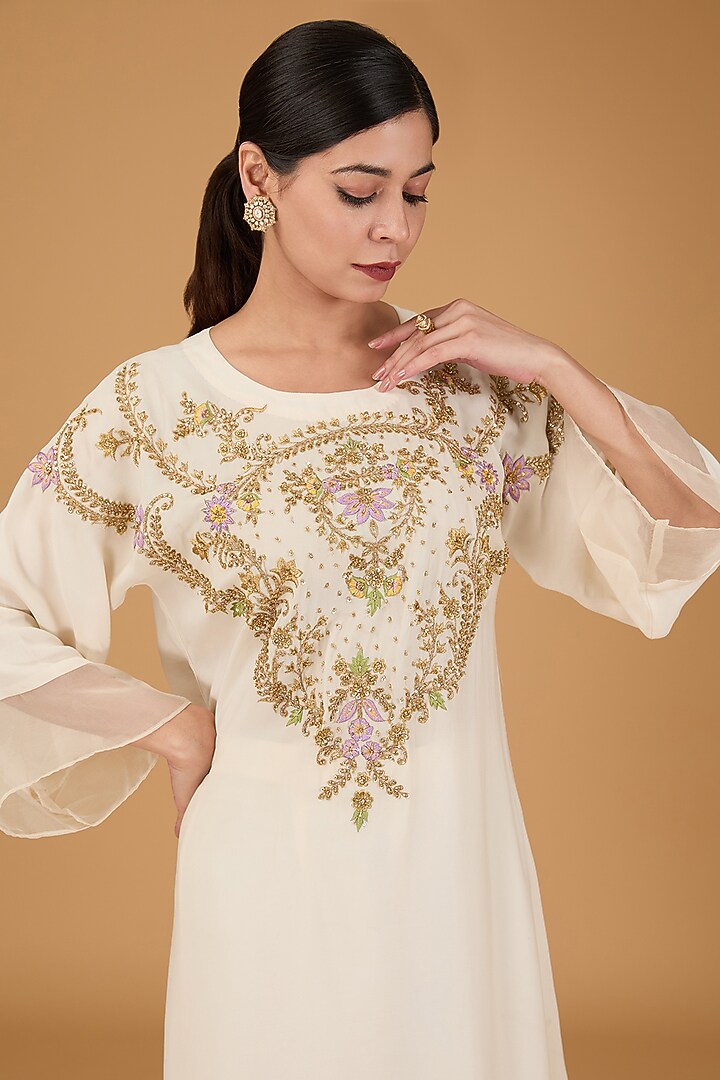 Ivory Double Georgette Hand Embroidered Kurta Set by Reeti Arneja at Pernia's Pop Up Shop