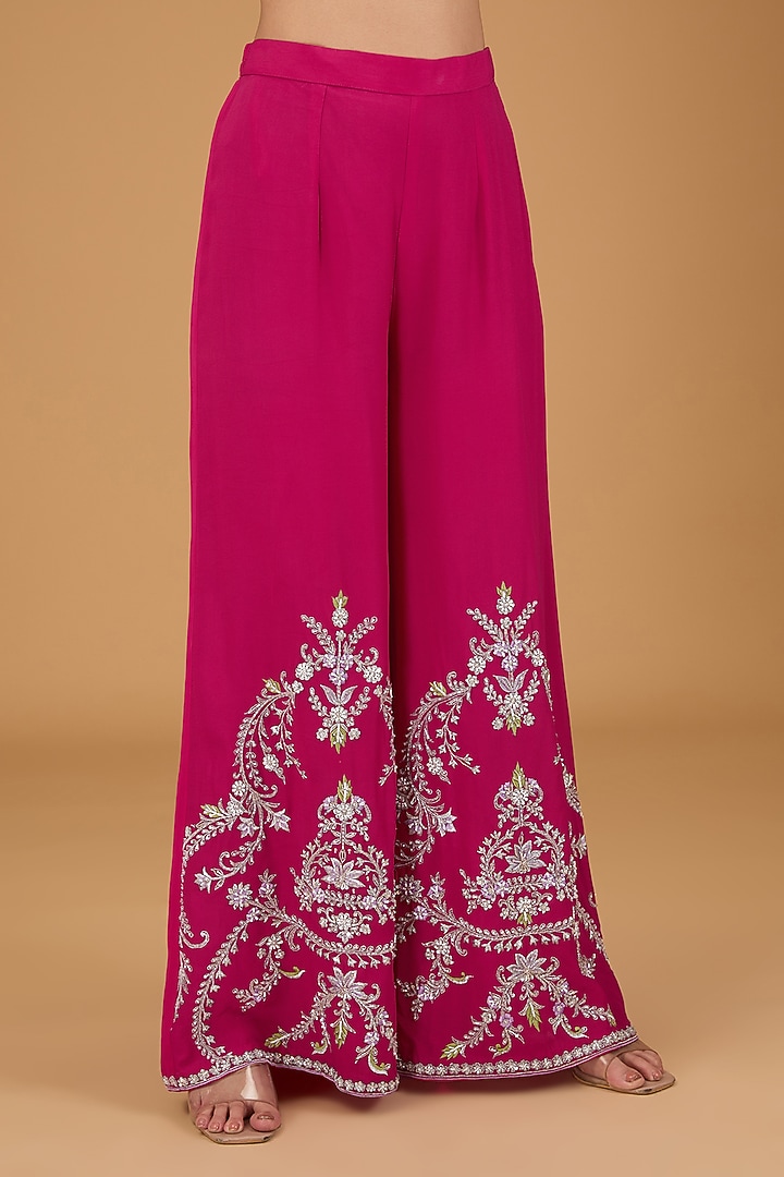 Fuchsia Pink Double Georgette Hand Embroidered Kurta Set by Reeti Arneja at Pernia's Pop Up Shop