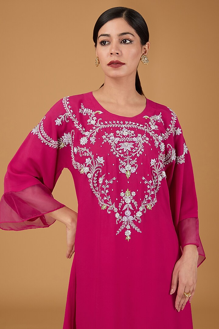 Fuchsia Pink Double Georgette Hand Embroidered Kurta Set by Reeti Arneja at Pernia's Pop Up Shop