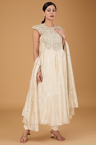Ivory Tissue Hand Embroidered Anarkali Set by Reeti Arneja