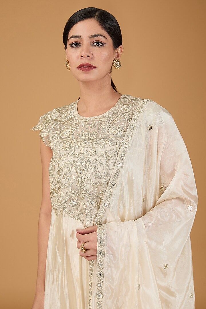 Ivory Tissue Hand Embroidered Party Wear Anarkali Set by Reeti Arneja at Pernia's Pop Up Shop