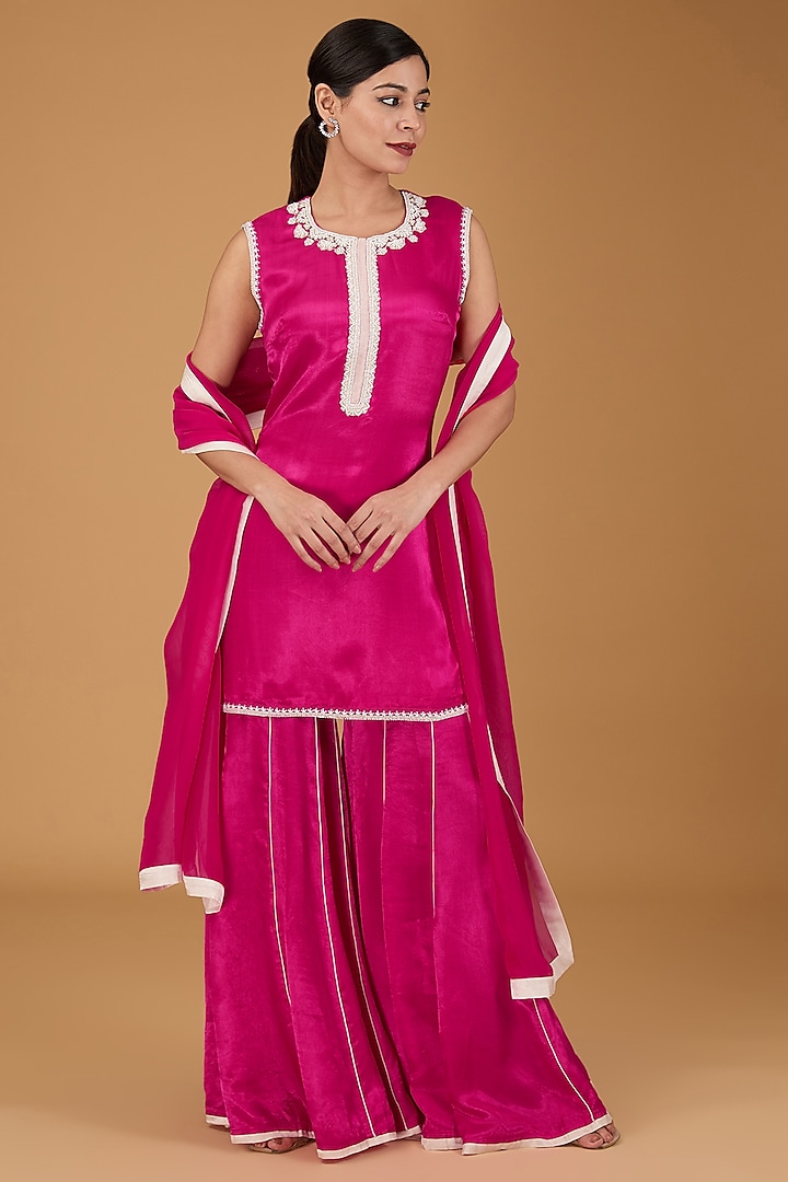 Pink Cotton Satin Gharara Set by Reeti Arneja at Pernia's Pop Up Shop