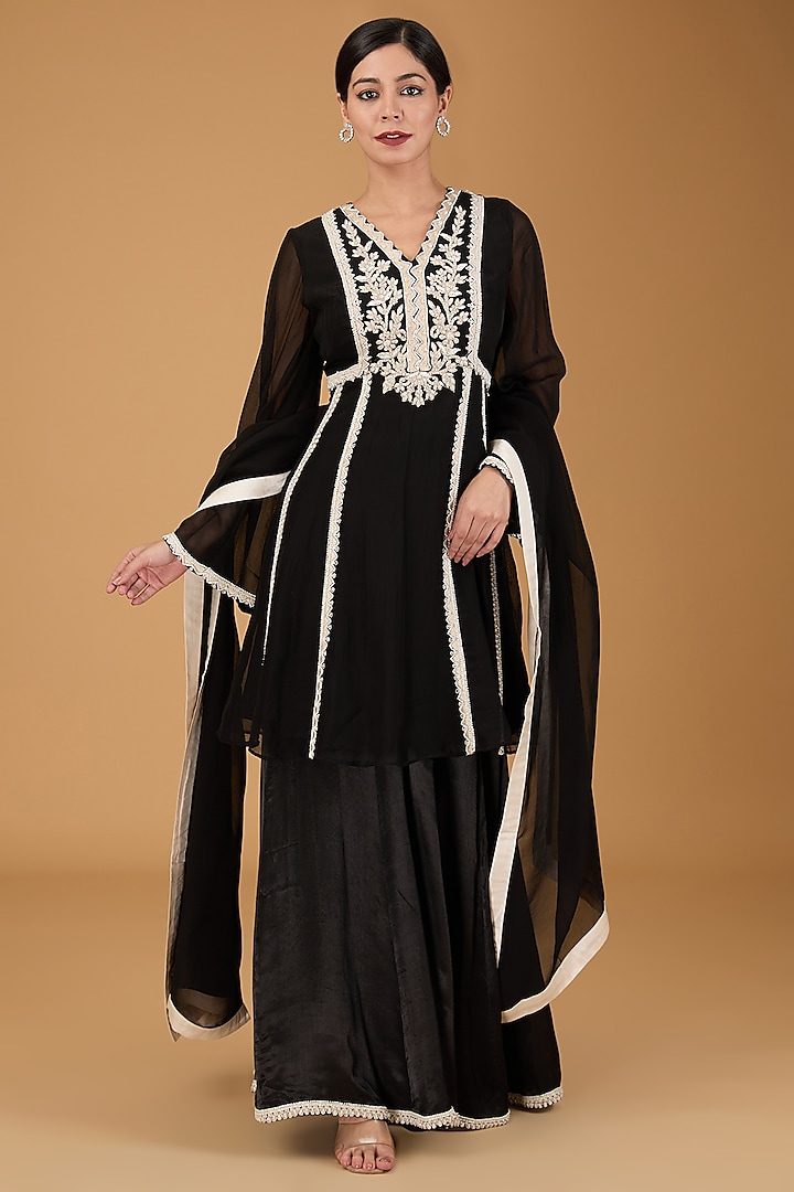 Black Cotton Satin Sharara Set by Reeti Arneja at Pernia's Pop Up Shop