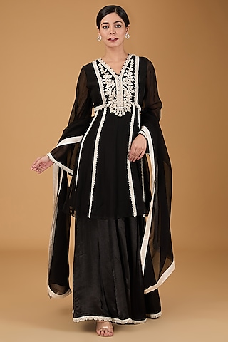 Black Cotton Satin Sharara Set by THE KLUB BY REETI ARNEJA