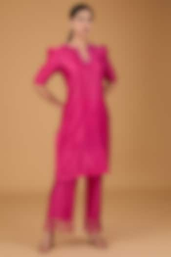 Fuchsia Pink Chanderi Sequins & Cutwork Embroidered Kurta Set by Reeti Arneja at Pernia's Pop Up Shop