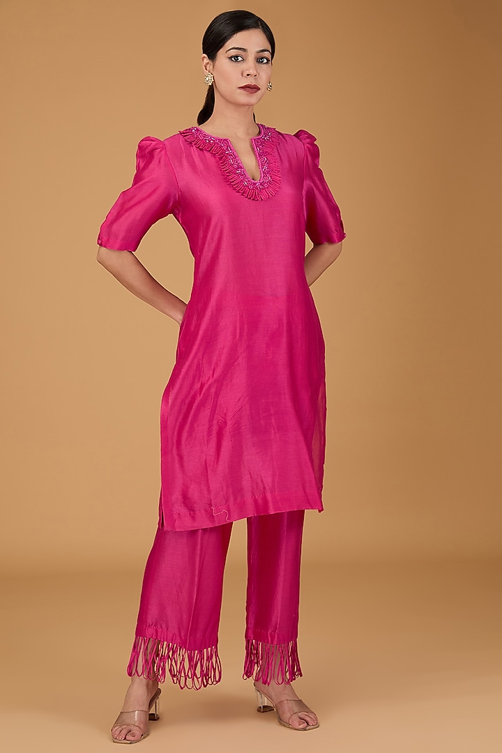 Fuchsia Pink Chanderi Sequins & Cutwork Embroidered Kurta Set by Reeti Arneja at Pernia's Pop Up Shop