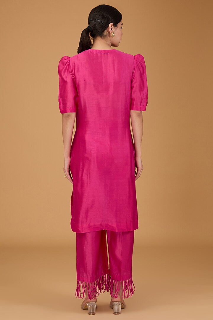 Fuchsia Pink Chanderi Sequins & Cutwork Embroidered Kurta Set by THE KLUB BY REETI ARNEJA at Pernia's Pop Up Shop