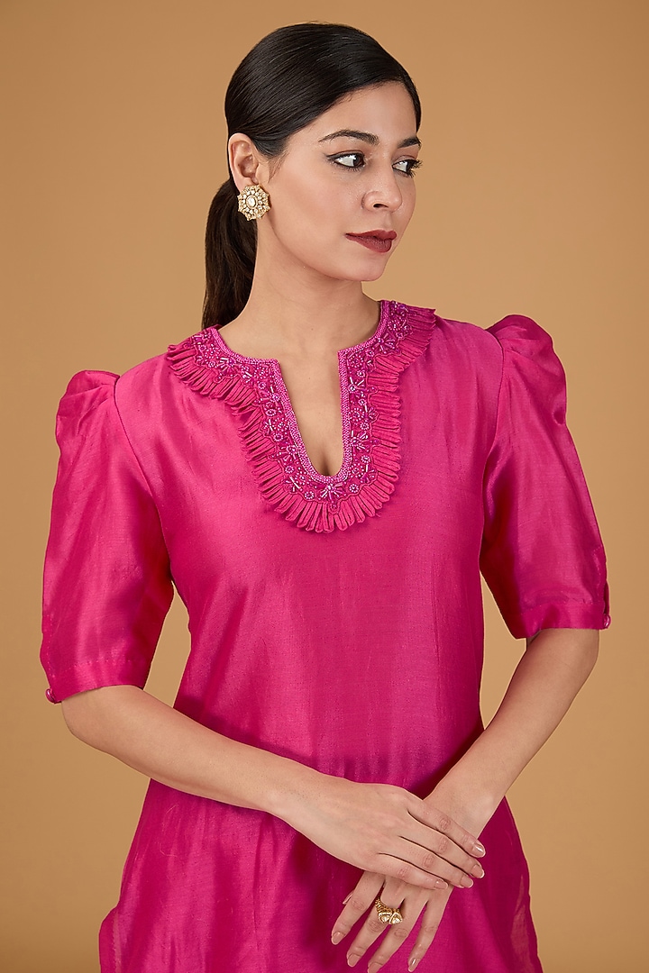 Fuchsia Pink Chanderi Sequins & Cutwork Embroidered Kurta Set by THE KLUB BY REETI ARNEJA at Pernia's Pop Up Shop