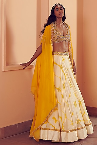 Yellow Silk & Organza Lehenga Set by Reeti Arneja