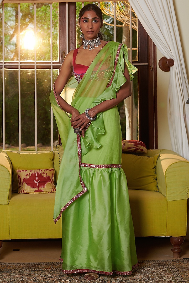 Lime Green Organza Draped Saree Set by Reeti Arneja