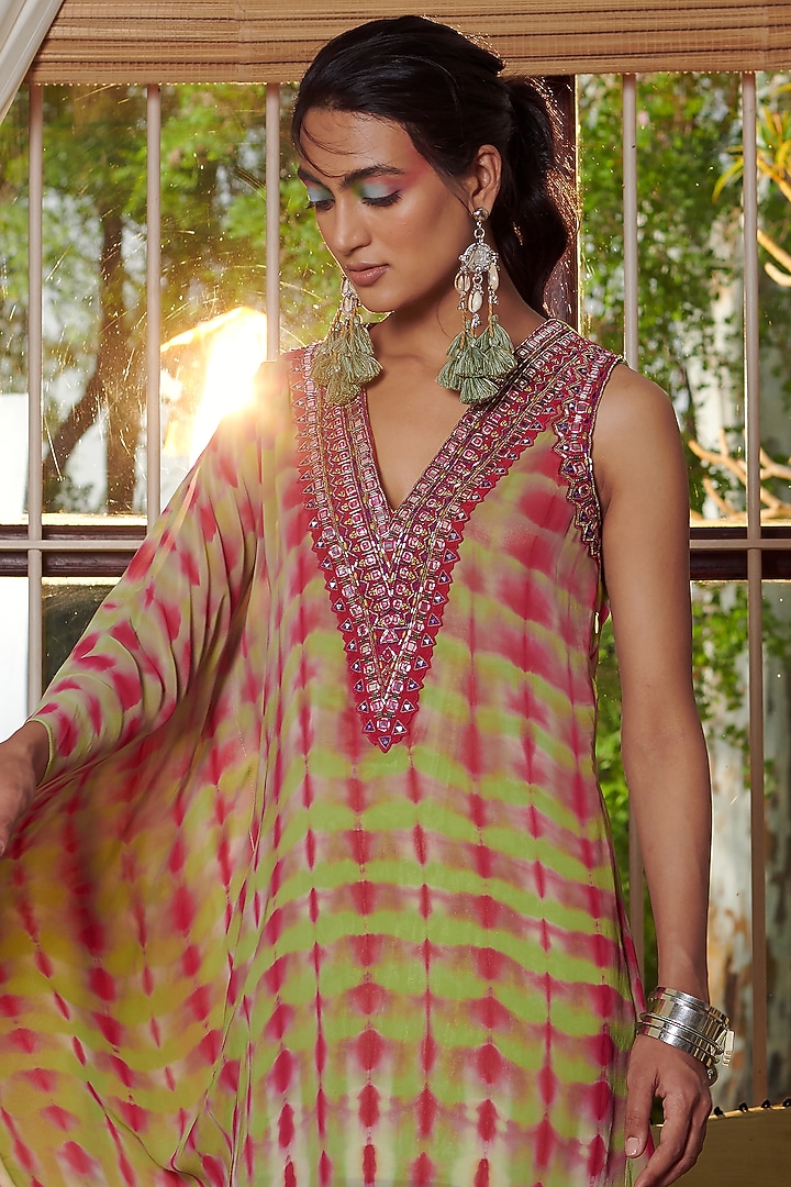 Lime Green Organza Shibori Kaftan Set by Reeti Arneja at Pernia's Pop Up Shop