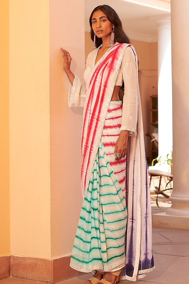White Tie-Dyed Saree Set by Reeti Arneja