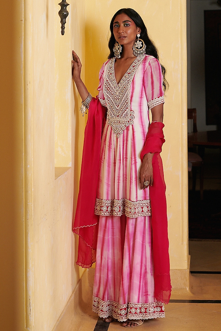Pink & White Tie-Dyed Gharara Set by Reeti Arneja